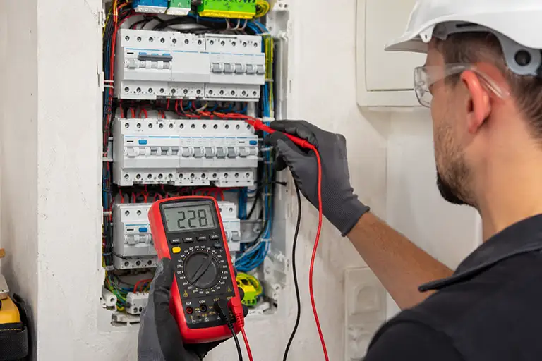 Électricien testant un panneau électrique